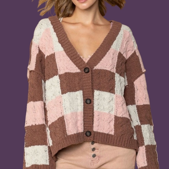 POL Sweaters - POL NEW Cardigan Sweater Pink Brown Beige Cable knit Chenille M/L
